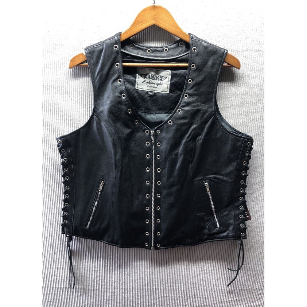 Unik Womens Leather Vest 2XL Black Genuine Leather Motorcycle Biker Gun Pocket